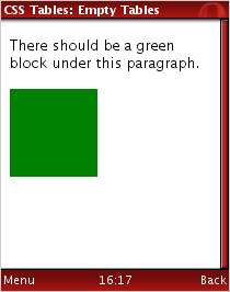 Image depicting a simple CSS test case consisting of a pass condition (“There should be a green block under this paragraph”) and a green block indicating that the test has passed.
