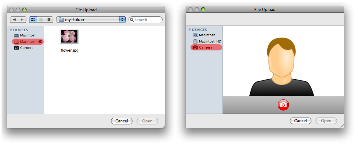 A File picker control in the File Upload (left) and Image
      Capture state (right).