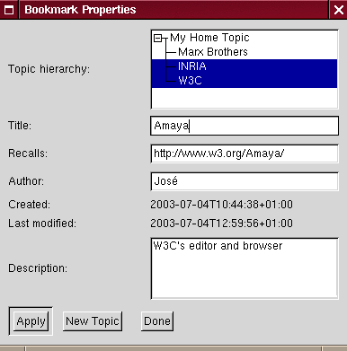 Bookmark Properties Widget
